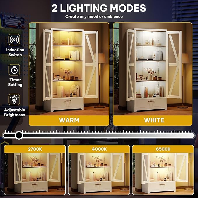 DWVO Display Cabinet with LED Lights, 61" Metal Display Case with Glass Barn Doors for Collectibles, Organizer Cabinet with 3 Adjustable Shelves and Drawer for Living Bedroom, Office, White