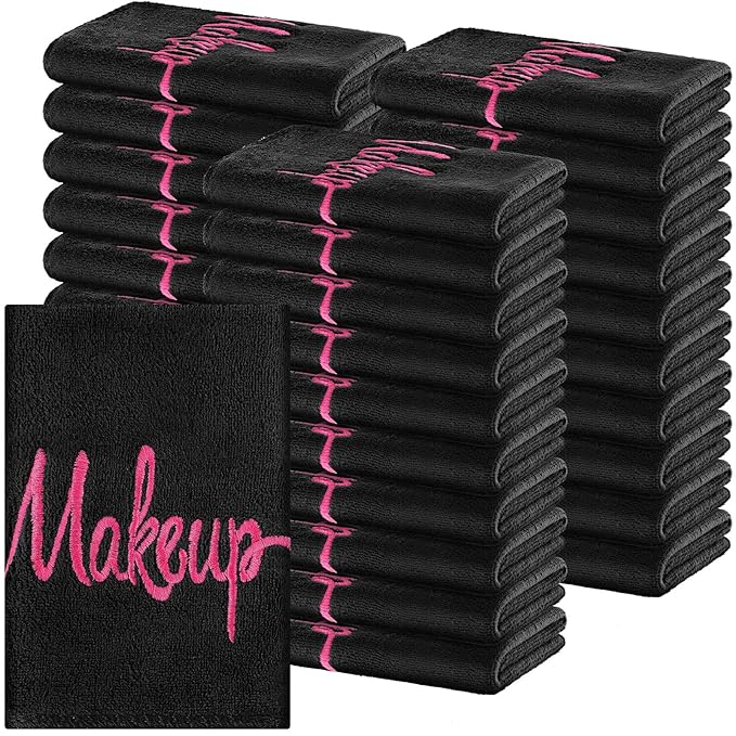 96 Pack Makeup Remover Cloths, 13 x 13 Inch Makeup Towels Bulk Soft Microfiber Face Towels Reusable Makeup Washcloths with Makeup Embroidery for Women Skin (Black)