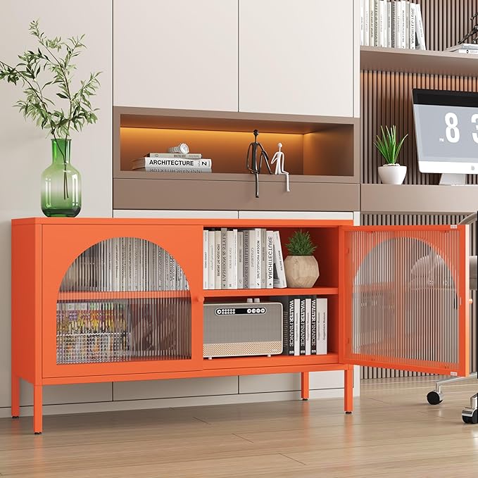 Metal Locker TV Stand, Modern Accent CD Storage Cabinet with 2 Acrylic Doors, Short Display Cabinet with Adjustable Shelf, TV Cabinets for Home,Office,Entryway,Dining/Living Room,Bedroom,Orange