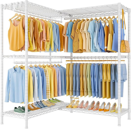 E15 Plus Garment Rack L Shaped Clothes Rack for Corner，Freestanding Clothing Racks for Hanging Clothes，Heavy Duty Closet System with 4 Hanging Rods & 8 S Hooks，48.5" W x 35" D x 78.4" H，White