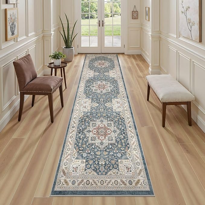 Vintage Hallway Runner Rug 2x10: Large Soft Washable Entryway for Kitchen Laundry Room Non-Slip Backing Runner for Entrance Living Room Bedroom Bathroom - Vintage Blue