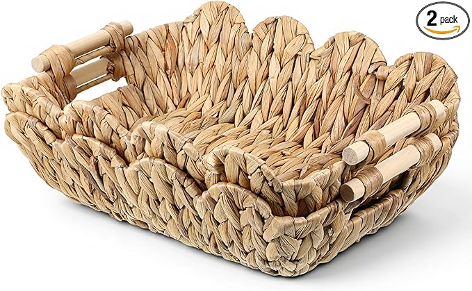 2 Pack Scalloped Wicker Basket, Hand-Woven Water Hyacinth Storage Baskets with Wooden Handle Paper Rope Toilet Paper Living Room Bedroom Decor Baskets for End Table Shelves Organizing Snack