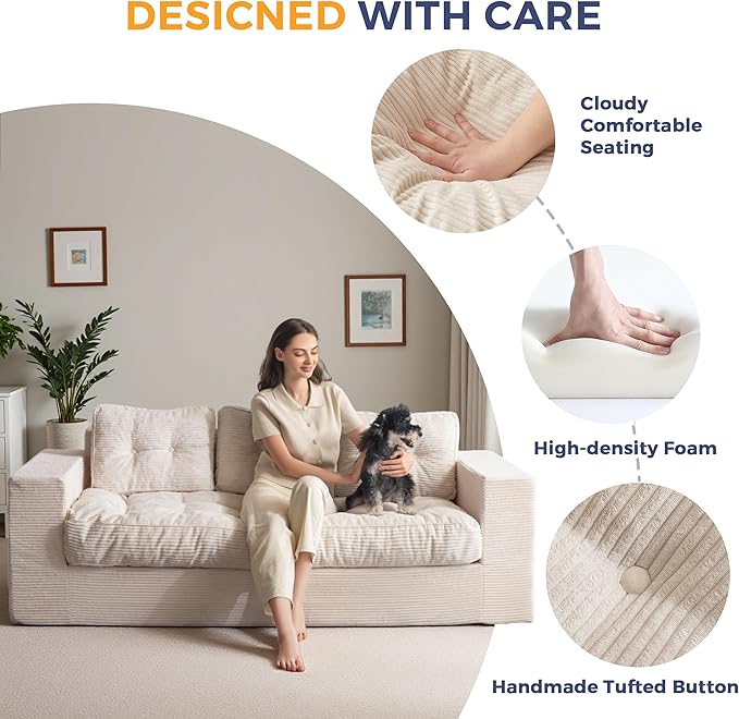MAXYOYO Oversized Loveseat Sofa Couch, Upholstered Bean Bag Chair Cloud 3-Seat for Adults, Boneless Couch with Tufted Cushion & Pillows, Sofa in A Box, No Assembly Required, Beige