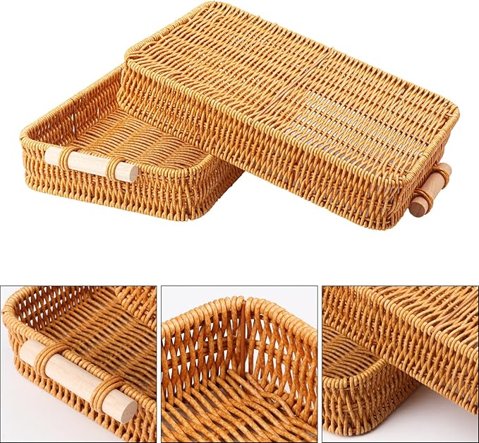 3 Pack 13.8 x 9.8 inch Rectangle Rattan Tray, Rectangle Woven Serving Basket with Handles, Storage Rattan Serving Trays for Home, Restaurant & Hotel Use, Durable & Easy-Cleaning
