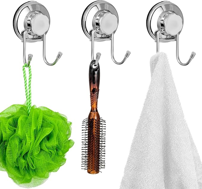 SANNO Suction Cup Hooks, Shower Squeegee Holder Towel Robe Loofah Hooks Hanging Shower Accessories, Chrome (3 Pack)