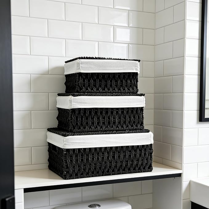 Small Woven Storage Baskets with Lids, Set of 3, Black Paper Rope Wicker Storage Bins for Bathroom Shelf, Stackable Decorative Organizer Boxes