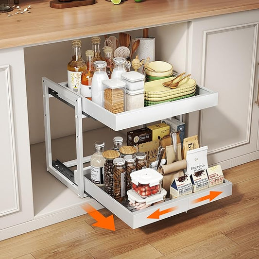 Golener 2-Tier Expandable Pull Out Cabinet Organizer - Slide Out Drawers for Kitchen Cabinets, Bathroom Organizers and Storage, Under Sink Organizer for Kitchen Storage Organization, White Metal Frame