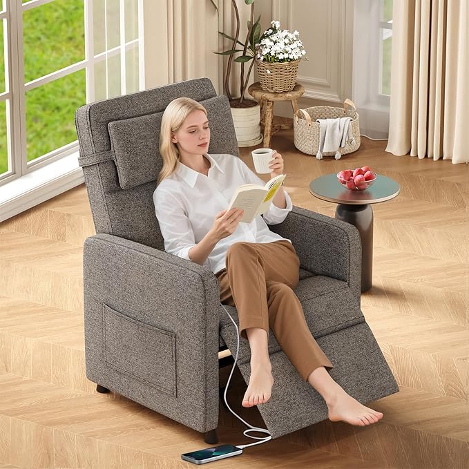GarveeHome Electric Recliner Chair Living Room Power Recliner Adjustable Backrest & Footrest with Side Pockets & Charging Ports & Lumbar Support(Brown)