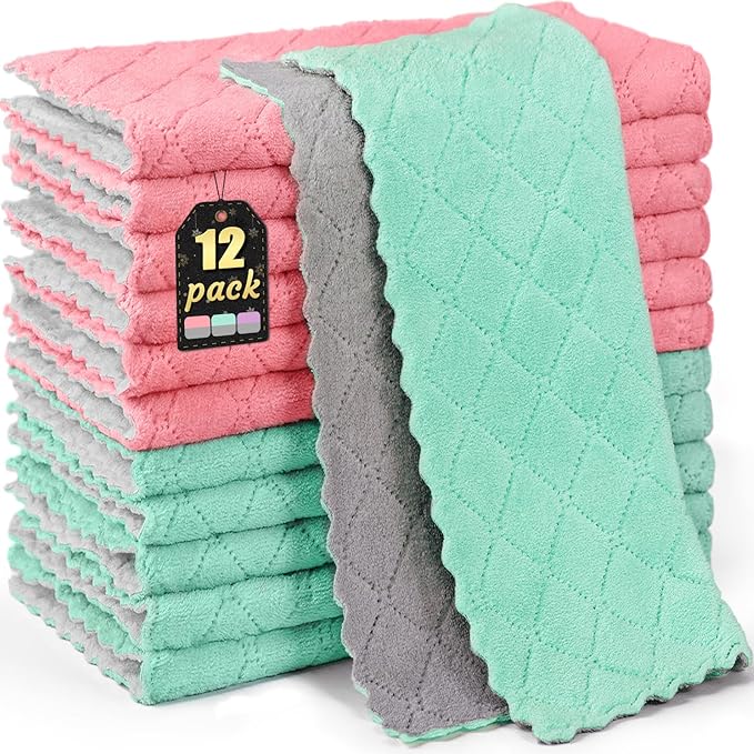 12 Pack Kitchen Cloth Dish Towels, 12x12 inch Soft Premium Dishcloths, Absorbent Microfiber Cleaning Cloth for Cleaning Dishes, Kitchen, Bathroom, Car