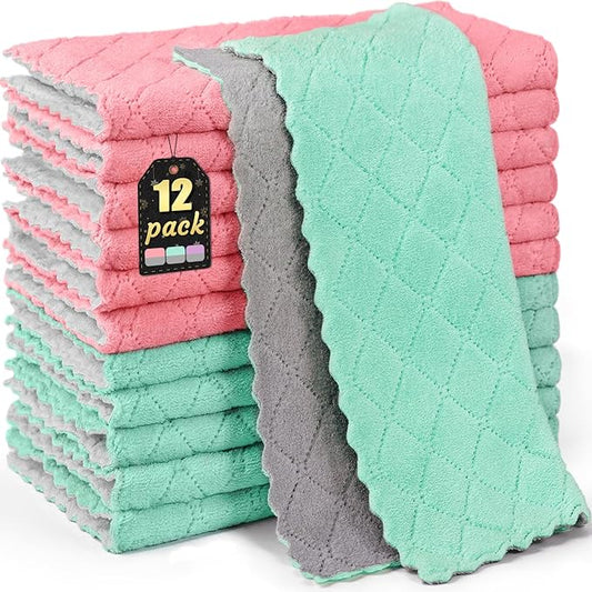 12 Pack Kitchen Cloth Dish Towels, 12x12 inch Soft Premium Dishcloths, Absorbent Microfiber Cleaning Cloth for Cleaning Dishes, Kitchen, Bathroom, Car