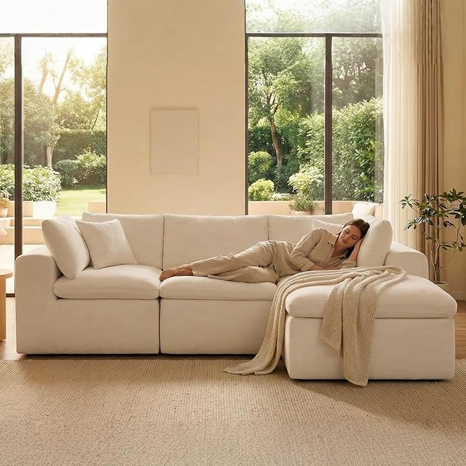 Cloud Couch Sectional Sofas for Living Room, Cream White Modular Sectional Sofa Couch Set with Ottoman, Deep Seat L Shaped Couch Bed, Boneless Convertible Sofa Couch for Apartment Furniture