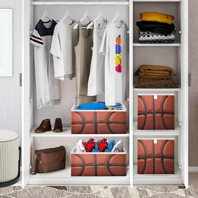 Bolaz Basketball Ball Texture Closet Organizers Storage Cubes Storage Bins Shelf Baskets Containers for Home Kids Room Toys Office