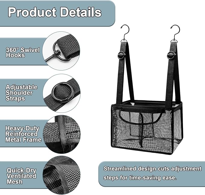 Black PVC Mesh Hanging Shower Caddy with 2 Magnetic Hooks, Adjustable Portable Bathroom Organizer with Pockets for Cruise, Dorm, Gym, Camping, RV, 12"x6"x7"(LxWxH)