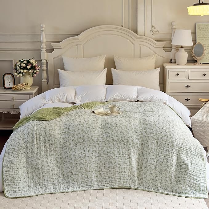 Muslin Blankets 100% Cotton 6-Layer Gauze Floral Pattern Throw Blanket Lightweight Soft and Breathable King Blanket for Sofa Couch Bed Coverlet Both Sides (Floral Green-a, King 90" X 104")