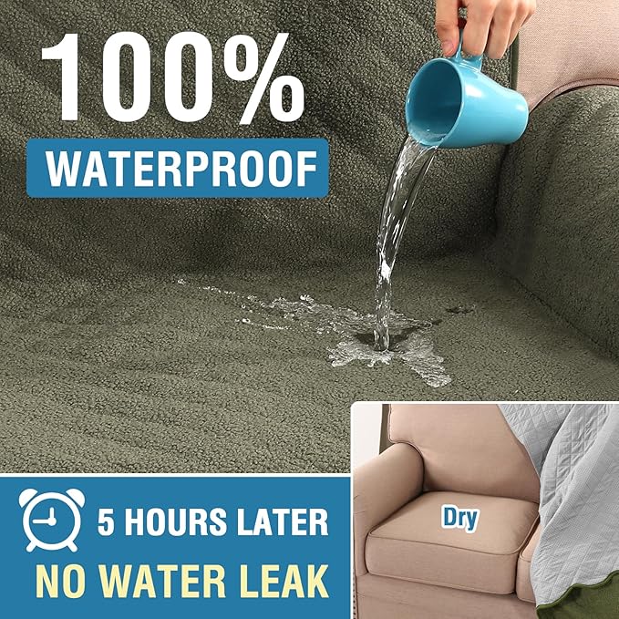 H.VERSAILTEX Waterproof Quilted Couch Covers Non Slip Sofa Covers Protector Slipcovers for Dogs, Covers for 3 Cushion Couch Sofa Pet Furniture Protector Modern Fleece Fabric (Sofa,Tea Tree)