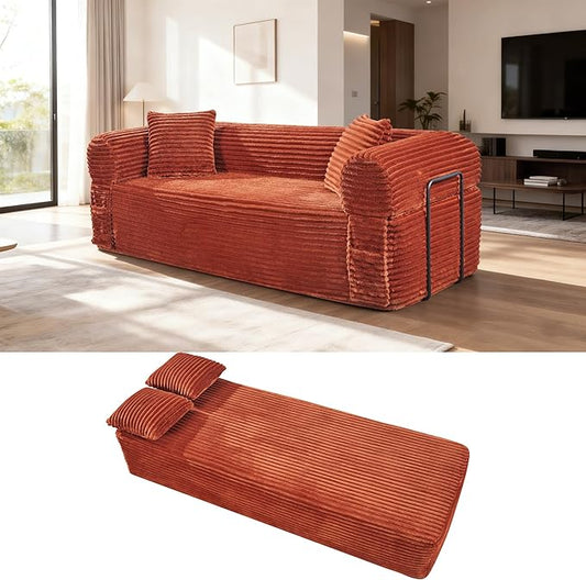 83'' Boneless Couch in A Box, No Assembly Needed Sofa Bed Couch 3 Seater Corduroy Modern Cloud Sofa 29'' Deep Seat with 2 Pillows & Removable Backrest for Living Room, Bedroom, Apartment, Orange | No Assembly Needed, High Density Foam, Removable Backre...