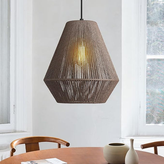 ELYONA 12” Woven Pendant Light for Kitchen Island Farmhouse Boho Hanging Lamp with Handwoven Rattan Basket Shade Adjustable Pendant Light Fixtures for Dining Room Bar Bedroom Foyer Hallway Dark Brown