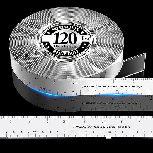 Double Sided Tape Heavy Duty with Dual Measurement Scale (CM/INCH), No Residue Clear Invisible Nano Tape mounting for Wall Hanging Posters, Rug,Decor