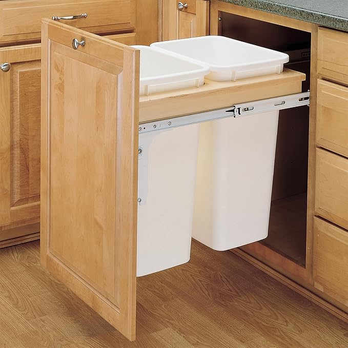 Rev-A-Shelf Top Mount Double Pullout Under Cabinet 50 Quart Kitchen Trash Cans for Full Height Cabinet, 150 Pound Rated Full-Extension Slides, 4WCTM-2150DM-2