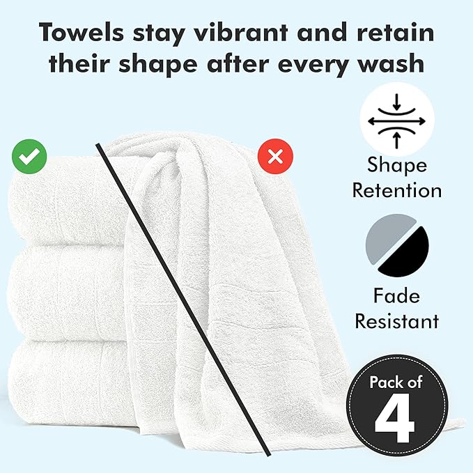 Bath Towels Set of 4 – 100% Cotton White Extra Large Towels for Bathroom, Spa Use (55x28 in) – Super Soft and Quick Dry Large Bath Sheets for Adults