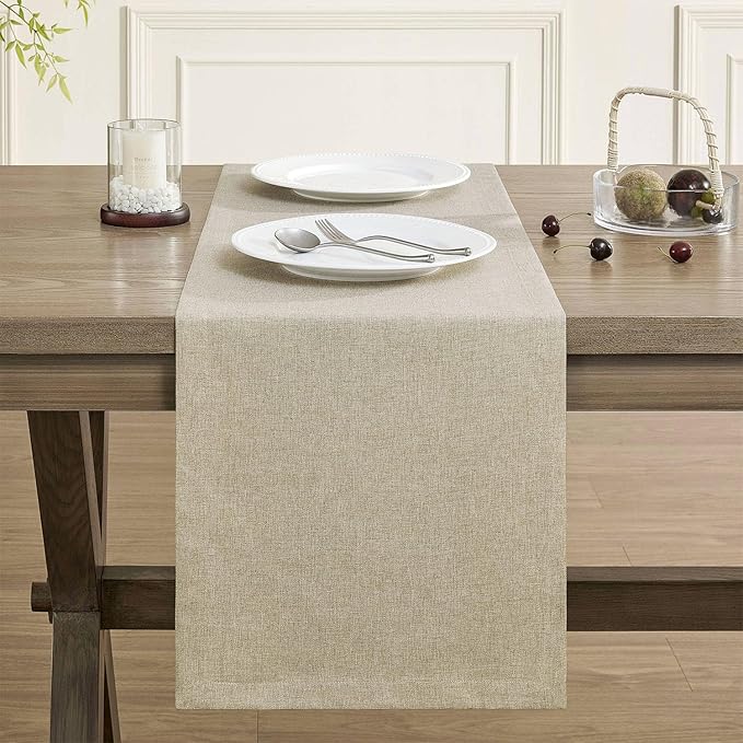 ZeeMart Basic Linen Style Table Runner, 14 x 48 Inch Natural Chambray, Rustic Farmhouse Neutral Beige Table Runners 48 Inches Long, Everyday Polyester Table Runner - Machine Washable & Easy Care