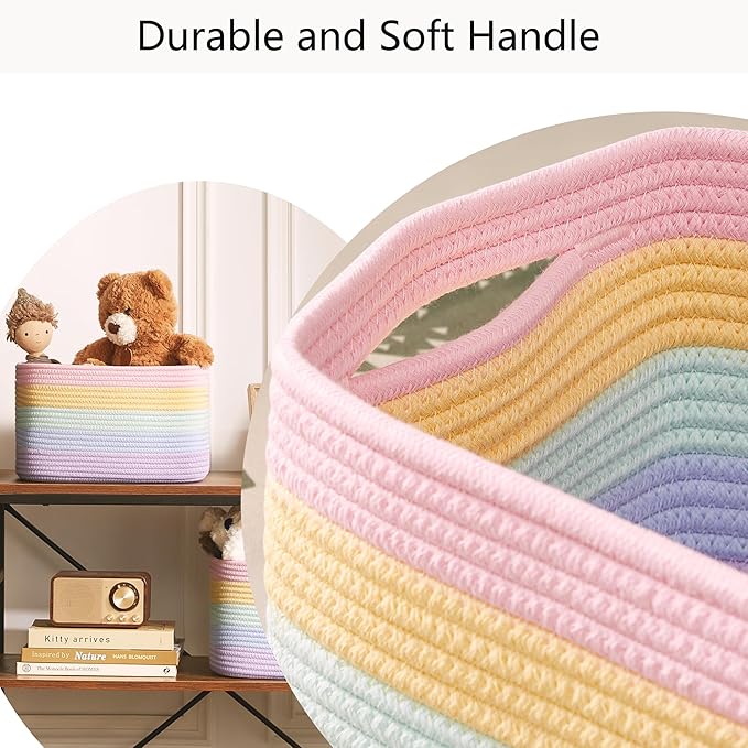 Rainbow Rope Basket for Storage 4 Pack Baskets for Shelves Woven Toy Storage Bins for Nursery Kids in Classroom 12.7"Lx9"Wx7.9"H Pastel Rainbow