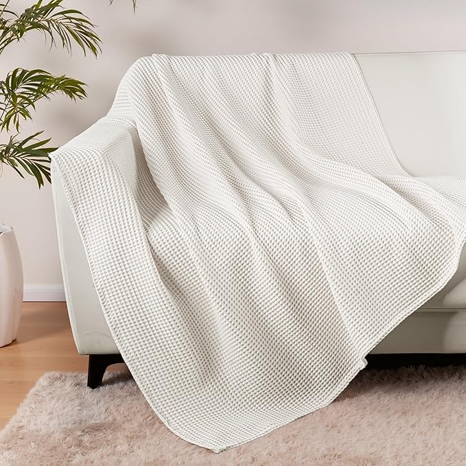 Exclusivo Mezcla 100% Cotton Waffle Weave Throw Blanket, Soft, Lightweight and Breathable Muslin Gauze Blanket for Couch, Sofa, All Season, 50"x70", Cream