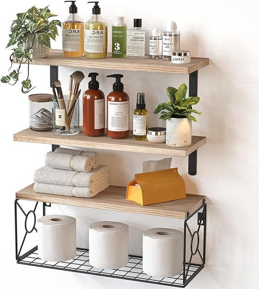 Amada Bathroom Shelves Over Toilet with Storage Basket, Floating Wall Shelf for Home Organization & Wall Decor, Bathroom/Kitchen/Living Room Shelves–Natural Wood