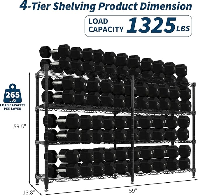 4 Tier Storage Shelving Unit Metal Shelves 59" W Wire Shelving, 59" H L-Shaped Pantry Shelves Kitchen Storage Shelves for Home Commercial Garage Heavy Duty, 59" W x 59.5" H x 13.8" D