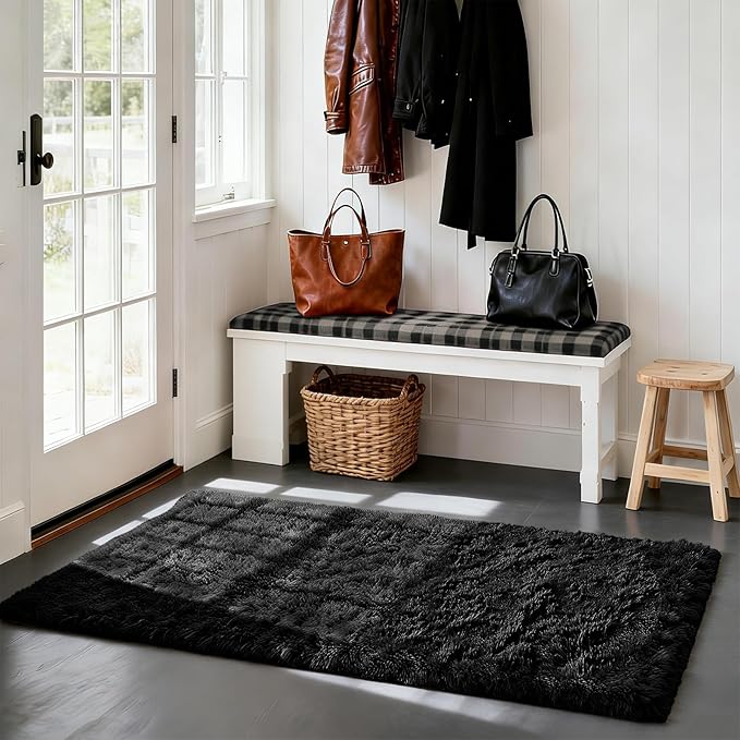 Fluffy Rug Shaggy Area Rug, Black 3x5 Area Rugs for Bedroom, Small Bedside Rug, Soft Fluffy Shaggy Entryway Throw Rugs for Living Room Bedroom Kids Room Home Decor