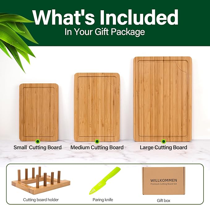 Bamboo Cutting Board Set of 3, Cutting Boards For Kitchen with Juice Groove, Bamboo Chopping Board Set, Serving Board Set for Meat, Fruit Vegetable and Cheese