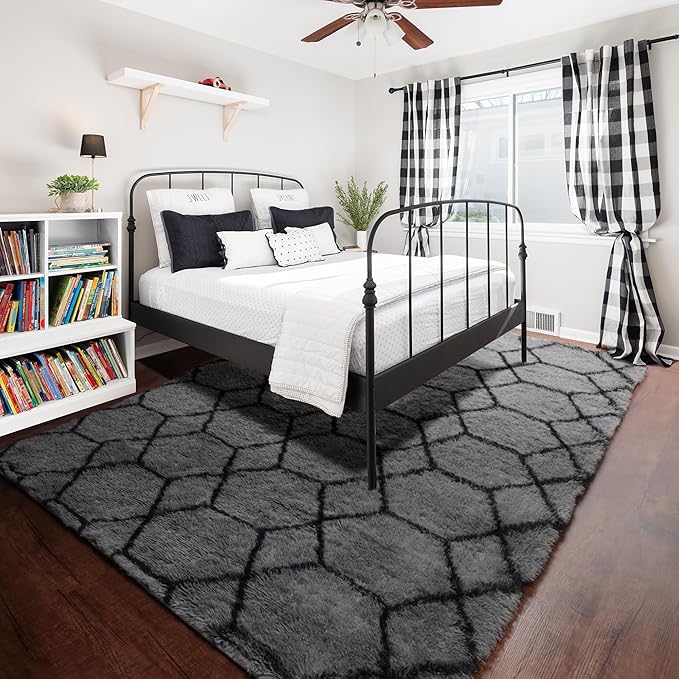 ONASAR 6x9 Area Rugs for Living Room Bedroom, Large Fluffy Grey and Black Throw Rug, Geometric Soft Plush Shaggy Fuzzy Floor Carpet for Nursery Kids Girls Boys Teen Dorm Home Office Decor Aesthetic