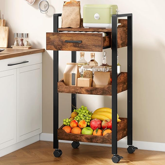 Hoctieon 3-Tier Rolling Storage Cart with Drawer, Rolling Utility Cart Organizer, Mobile Shelving Unit with Wheels, Metal Frame, Kitchen Utility Cart for Small Space, Office, Bathroom, Rustic Brown