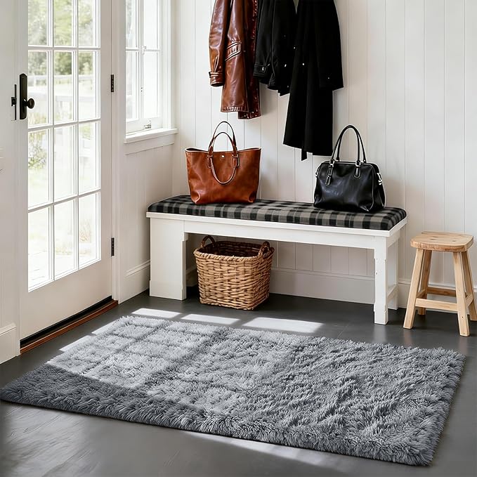 Fluffy Rug Shaggy Area Rug, Grey 3x5 Area Rugs for Bedroom, Small Bedside Rug, Soft Fluffy Shaggy Entryway Throw Rugs for Living Room Bedroom Kids Room Home Decor