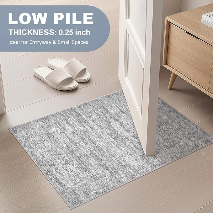 2x3 Entryway Area Rug: Washable Neutral Modern Abstract Small Rug - Non-Slip Low Pile Throw Indoor Carpet for Entrance Kitchen Front Door Mat Bathroom Entry Kids Room - Vintage Grey