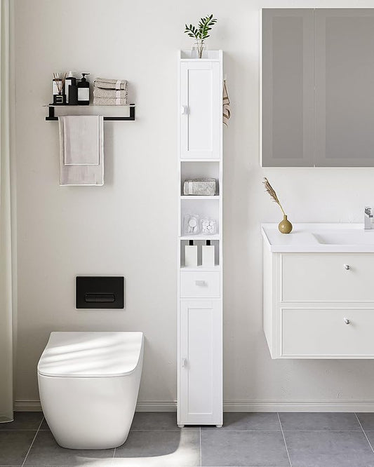 Bathroom Storage Cabinet, Narrow Tall Bathroom Cabinet, Freestanding Floor Cabinets with 2 Doors and 1 Drawer, Toilets Organizer with Adjustable Shelf, 1 Hook for Small Spaces, White