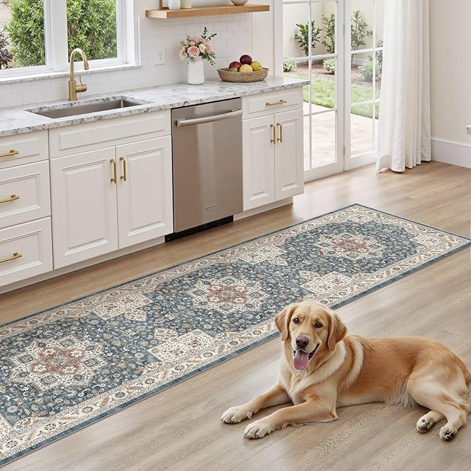 Vintage Hallway Runner Rug 2x10: Large Soft Washable Entryway for Kitchen Laundry Room Non-Slip Backing Runner for Entrance Living Room Bedroom Bathroom - Vintage Blue