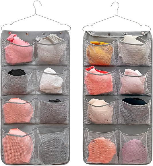 Dual Sided Hanging Closet Organizer Durable Socks Stocking Clothes Bra Accessories Storage Bag With 16 Large Pockets (Nylon Mesh Pockets)