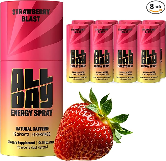 ALLDAY Focus + Energy Spray — Natural Caffeine + L-Theanine + Essential Vitamins — 0 Calorie, 0 Sugar — 12 Spray Bottle — Faster, Cleaner, Smoother Energy (8 Pack Strawberry)