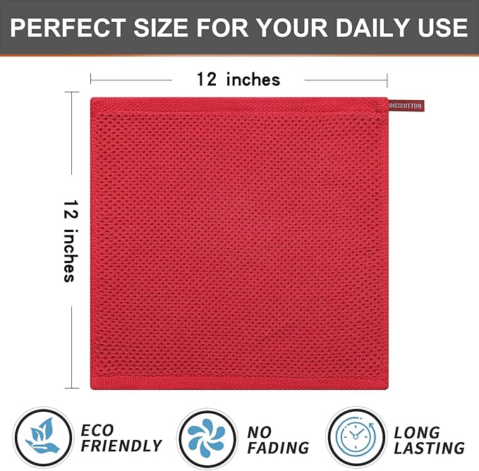 Kitinjoy 100% Cotton Kitchen Dish Cloths (12 X 12 Inches, Red), 12 Pack Waffle Weave Ultra Soft Absorbent Dish Towels for Drying Dishes Quick Drying Kitchen Towels Dish Rags