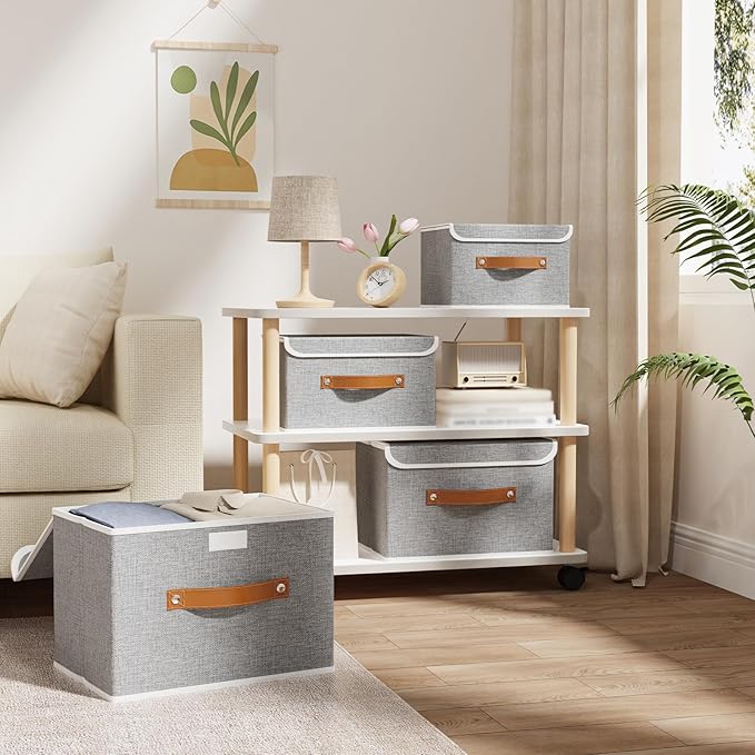 OUTBROS Storage Boxes, Collapsible Storage Bins with Lids, Cotton and linen cloth Storage Baskets with Handle, for Books, Closet, Bedroom, Home, 10.2x7.9x6.7 in, Grey