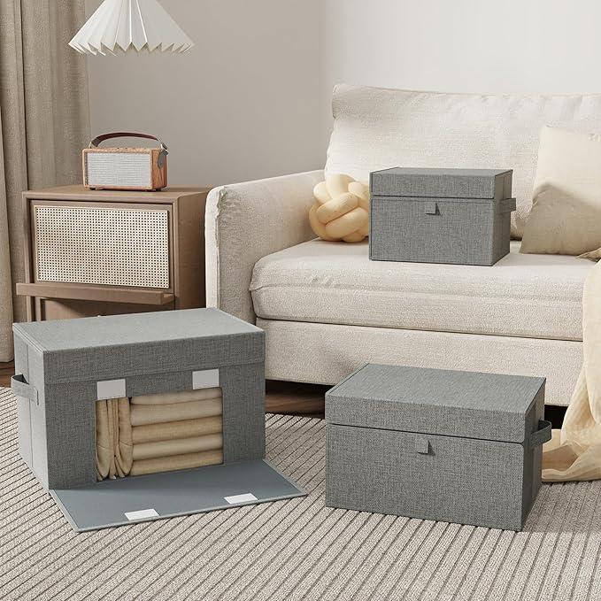 Storage Boxes with Flip Cover, Foldable Bin for Clothes, Cubes with Handles, Decorative Linen Baskets for Home, Bedroom, Closet, 10.2x7.9x6.7in, Grey, 2 Pack