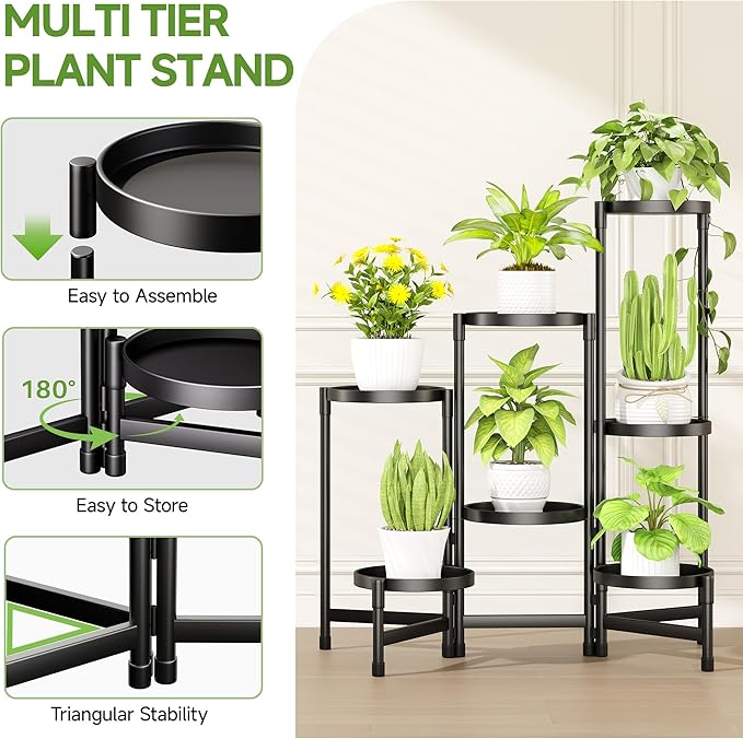 Folding Plant Stand Indoor Outdoor with Metal Tray, 7 Tiered Corner Flower Holder Shelf Metal Orchid Display Rack for Patio Porch Living Room Garden Balcony, Modern Black