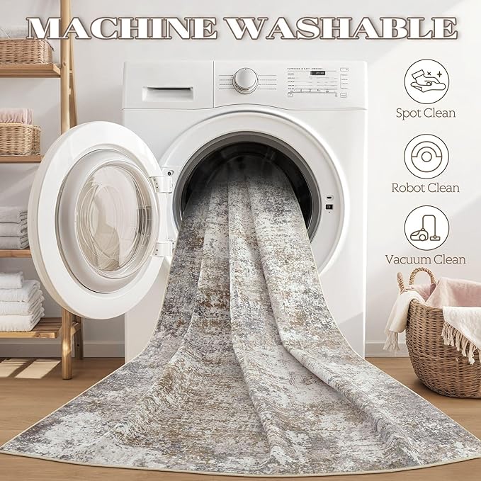 Area Rug Living Room Rugs - 8x10 Washable Large Soft Indoor Neutral Modern Abstract Low Pile Rug Carpet for Bedroom Dining Room Farmhouse Home Office - Brown/Grey/Black
