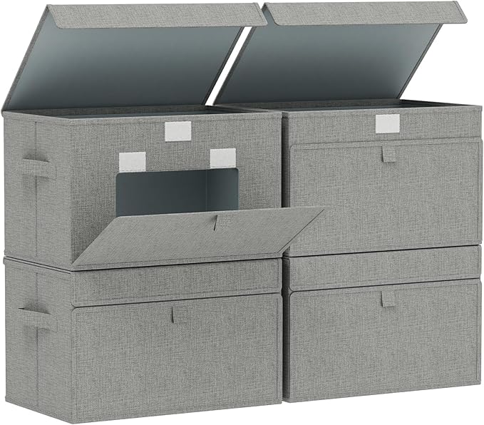 Storage Boxes with Flip Cover, Foldable Bin for Clothes, Cubes with Handles, Decorative Linen Baskets for Home, Bedroom, Closet, 15x9.8x9.8in, Grey, 4 Pack
