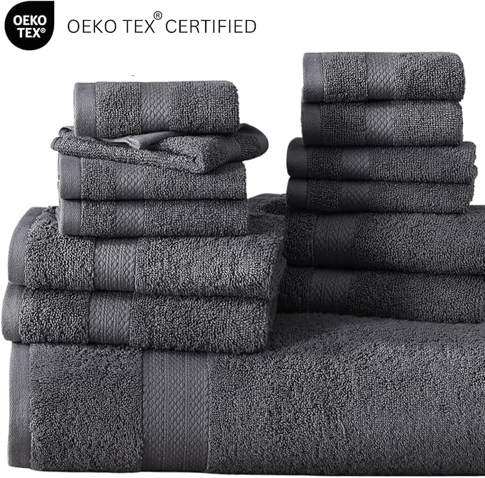 LANE LINEN 100% Cotton Towels for Bathroom - 18 Piece Family Pack - Super Soft & Quick Dry - 4 Bath, 8 Washcloth, 6 Hand Towels - Oeko TEX Certified, Machine Washable & Durable - Cool Grey