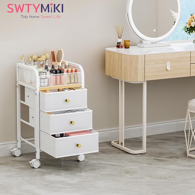 SWTYMIKI Rolling Makeup Organizer Cart - Floor Skincare Make Up Storage with 3 Non-woven Drawers, Vanity Organizer Cosmetic Display Cases Cabinet for Skin Care Perfume Nail Polish Brush Hair Tool