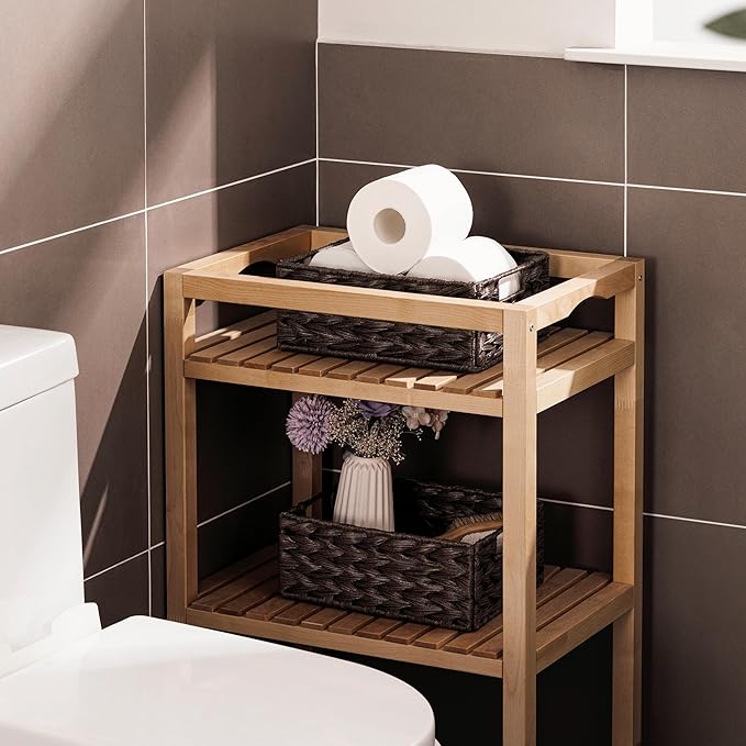 Storage Baskets with Label — Wicker Pantry Baskets for Shelves, Waterproof Woven Basket for Organizing, 2-Pack Plastic Rectangle Organizers with Handles, Dark Brown (10L×8H×4W)