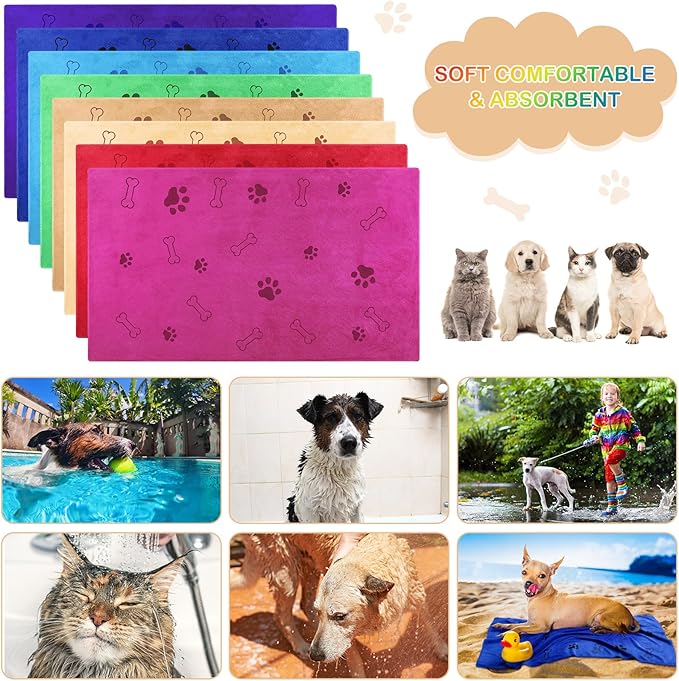 8 Pcs Dog Towels for Drying Dogs Cats Pet Towels Bulk Puppy Microfiber Quick Drying Paw Bath Bathing Supplies Absorbent for Medium Pets(Bright Color,40 x 24 Inch)