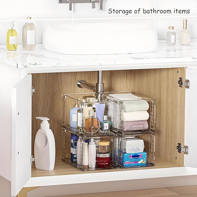 Clear Acrylic Storage Organizer Set, Multi-Purpose Cabinet Bins for Office, Kitchen, Bathroom, Stackable (4)